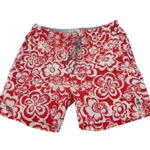 Psycho Bunny Mens Swim Trunks Red White Floral Print Bunny Logo Elastic Waist